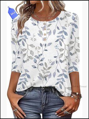 3/4 Sleeve Crew Neck Tunic Top Loose Fit Blouse Business Casual